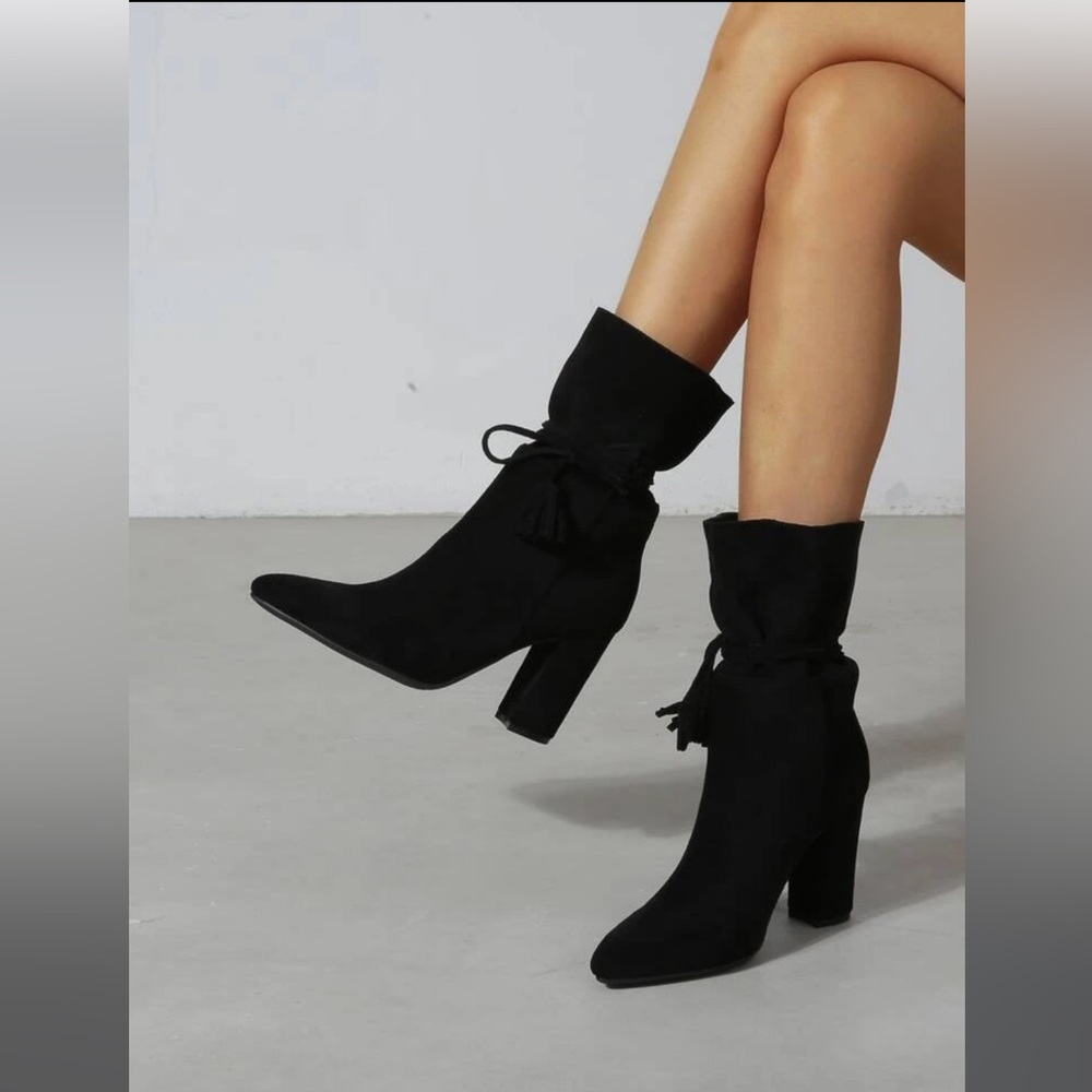 Shein Tassel Decor Tie Leg Design Chunky Heeled Boots